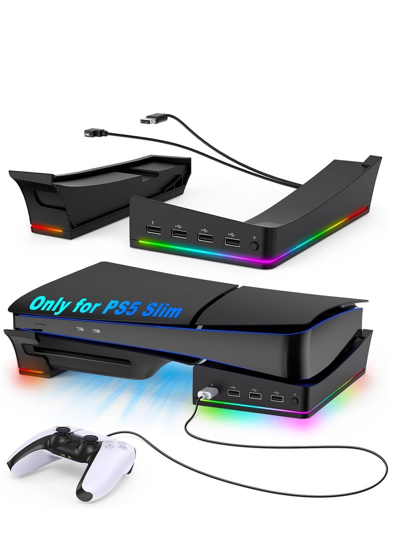 Ipega - Horizontal Stand Holder for PS5 Slim Console, Non-Slip Base with 14 RGB Light Modes and 4-Port USB Ports for Playstation 5 Slim Disc & Digital Edition - Image 1