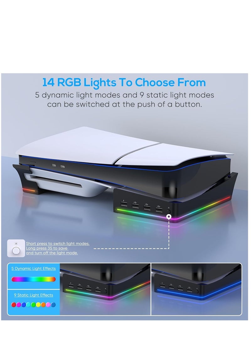 Ipega - Horizontal Stand Holder for PS5 Slim Console, Non-Slip Base with 14 RGB Light Modes and 4-Port USB Ports for Playstation 5 Slim Disc & Digital Edition - Image 1