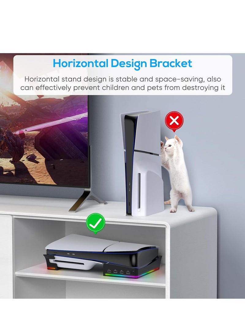Ipega - Horizontal Stand Holder for PS5 Slim Console, Non-Slip Base with 14 RGB Light Modes and 4-Port USB Ports for Playstation 5 Slim Disc & Digital Edition - Image 1