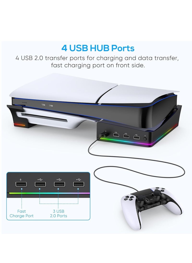 Ipega - Horizontal Stand Holder for PS5 Slim Console, Non-Slip Base with 14 RGB Light Modes and 4-Port USB Ports for Playstation 5 Slim Disc & Digital Edition - Image 1