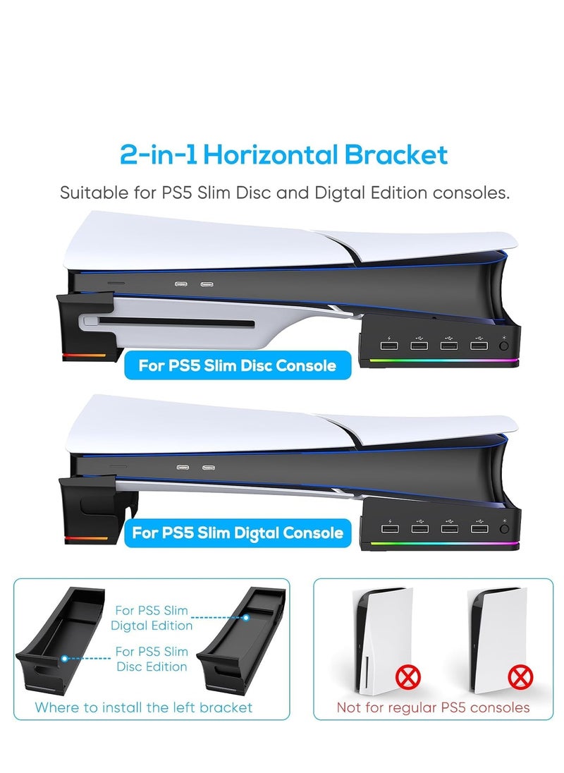 Ipega - Horizontal Stand Holder for PS5 Slim Console, Non-Slip Base with 14 RGB Light Modes and 4-Port USB Ports for Playstation 5 Slim Disc & Digital Edition - Image 1