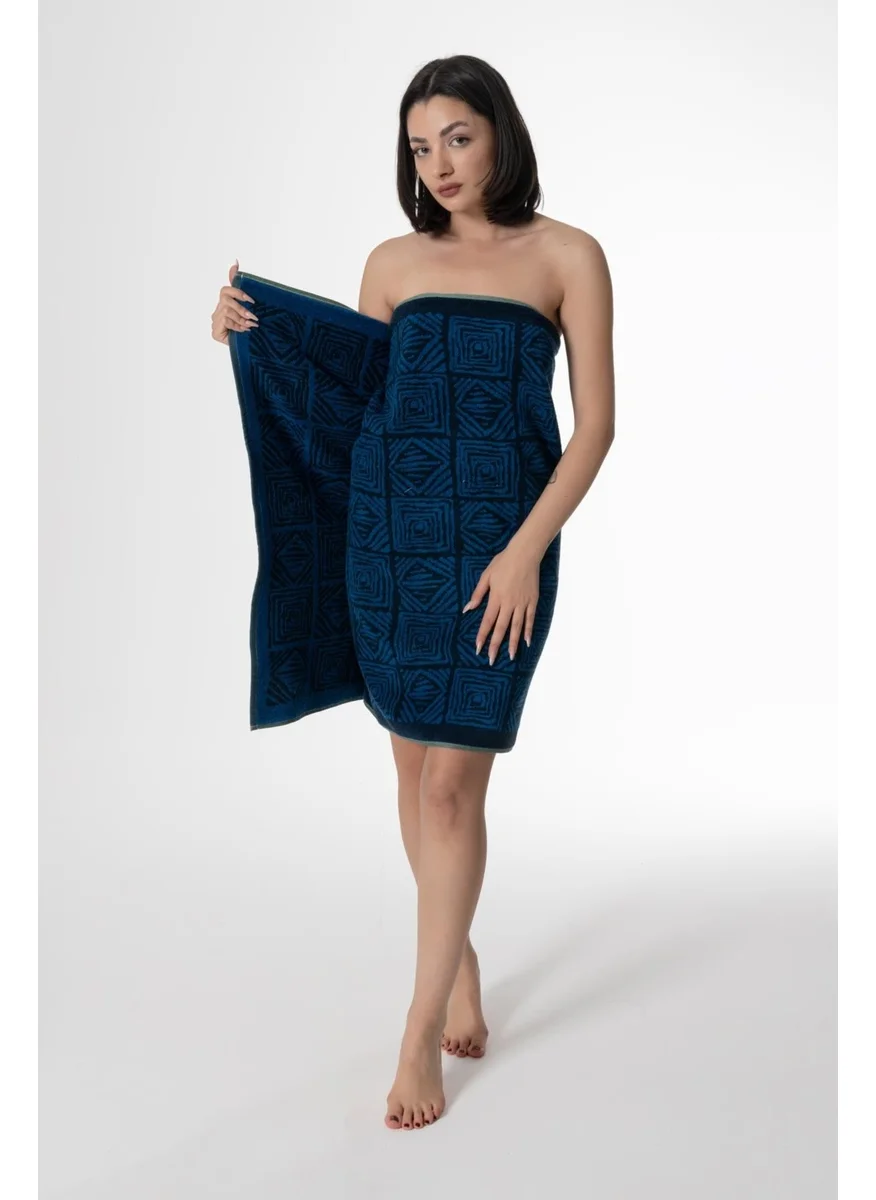 Ender Home 75x150 Blue Yarn Dye Jacquard Ethnic Pattern Bath Towel