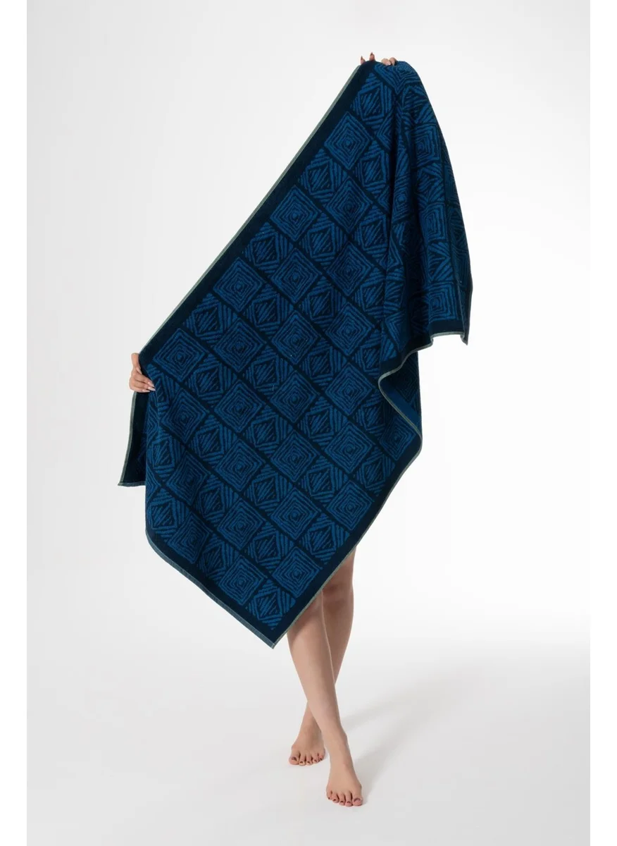 Ender Home 75x150 Blue Yarn Dye Jacquard Ethnic Pattern Bath Towel