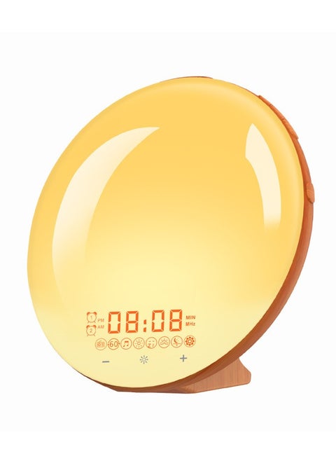 Sunrise Alarm Clock Wake Up Light with Gradually Fading-in Sunrise and Sunset Simulation, FM Radio, Dual Alarms, 7 Natural Sounds, 9 Colors (Wood Grain)