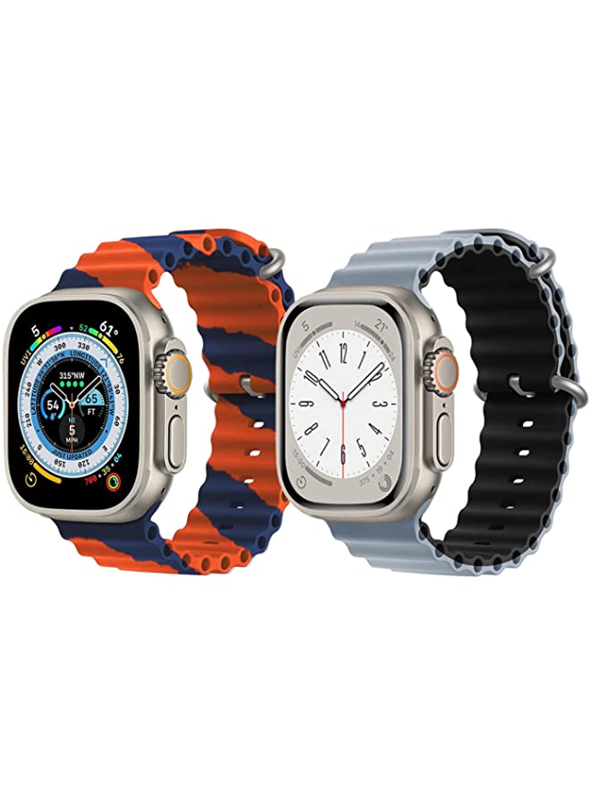 IAF Silicone Ocean Band Strap for Apple Watch Ultra 8 49mm Orange/Blue Double Line Strap with Light Blue/Black Double Side Strap Set of 2