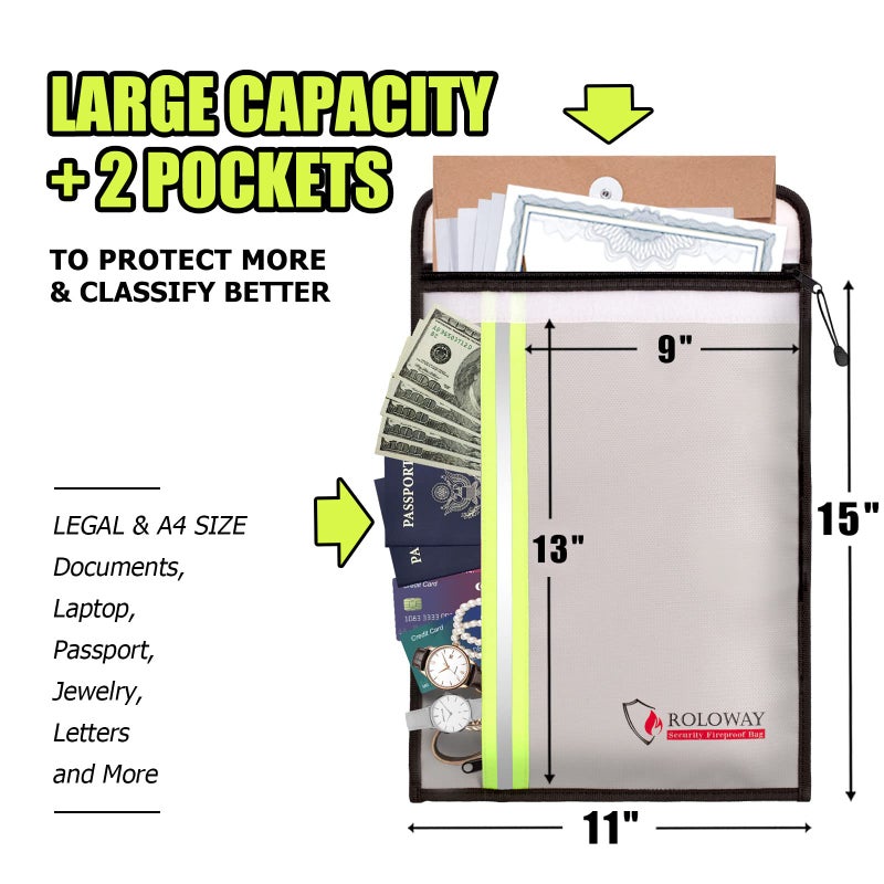 ROLOWAY Fireproof Document Bag (15 x 11 inch) with 2 Pockets, Fire Safe Envelope Bag for Cash, Legal Documents (Silver) - Image 2