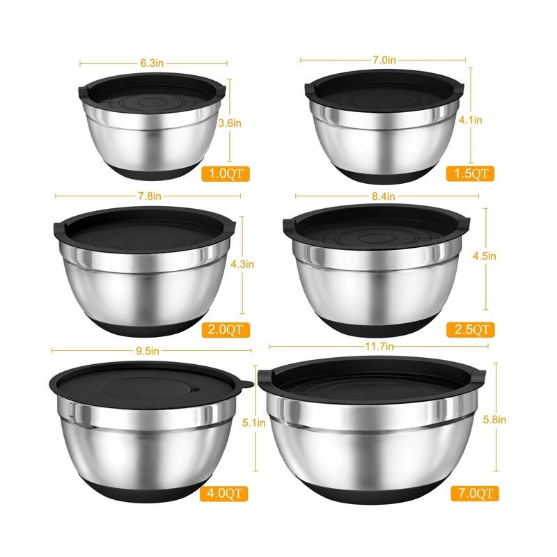 مجموعة من 26 وعاء خلط بأغطية محكمة الإغلاق، مصنوعة من الفولاذ المقاوم للصدأ، مزودة بملحقات بشر، مانعة للانزلاق، مثالية للخلط والتقديم، لون أسود - Image 2