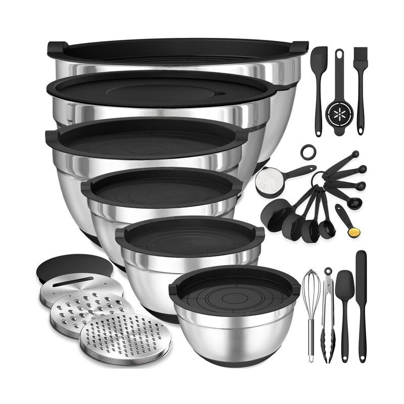 مجموعة من 26 وعاء خلط بأغطية محكمة الإغلاق، مصنوعة من الفولاذ المقاوم للصدأ، مزودة بملحقات بشر، مانعة للانزلاق، مثالية للخلط والتقديم، لون أسود - Image 1