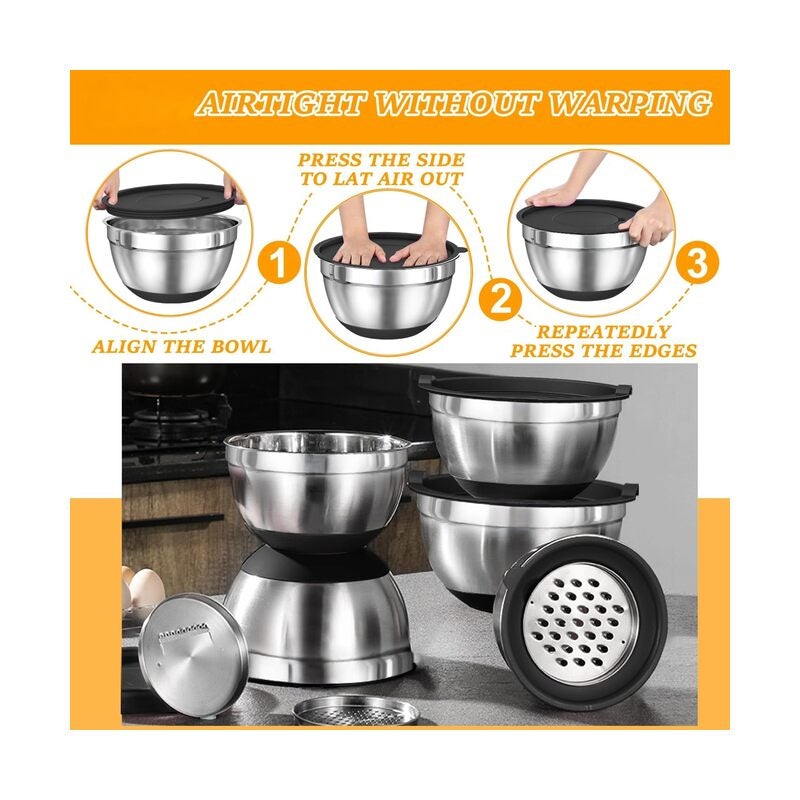 مجموعة من 26 وعاء خلط بأغطية محكمة الإغلاق، مصنوعة من الفولاذ المقاوم للصدأ، مزودة بملحقات بشر، مانعة للانزلاق، مثالية للخلط والتقديم، لون أسود - Image 5