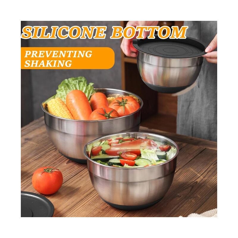 مجموعة من 26 وعاء خلط بأغطية محكمة الإغلاق، مصنوعة من الفولاذ المقاوم للصدأ، مزودة بملحقات بشر، مانعة للانزلاق، مثالية للخلط والتقديم، لون أسود - Image 4