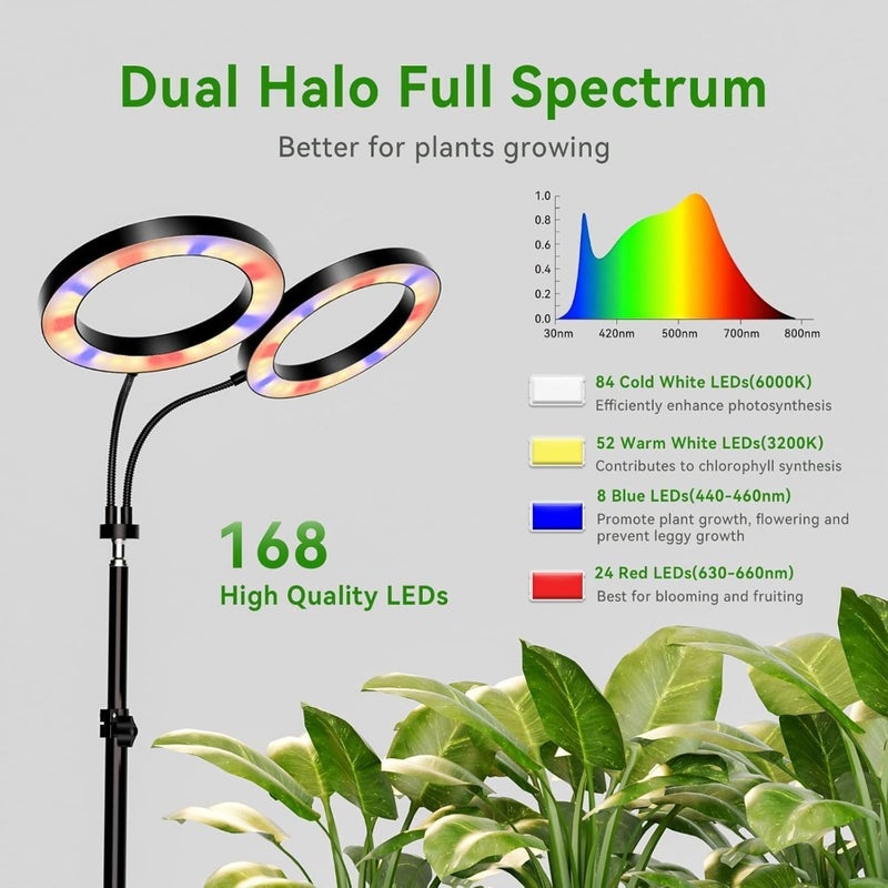 Grow Lights For Indoor Plants 144 LED Full Spectrum Dual-Head Plant Light With Tripod Base 3/9/12H Timer 3 Color Modes 10 Dimmable Levels Height Adjustable 118-198cm Floor Standing Grow Light - Image 4