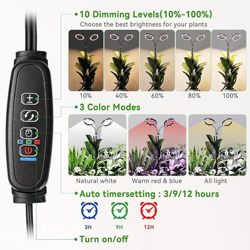 Grow Lights For Indoor Plants 144 LED Full Spectrum Dual-Head Plant Light With Tripod Base 3/9/12H Timer 3 Color Modes 10 Dimmable Levels Height Adjustable 118-198cm Floor Standing Grow Light - Image 3