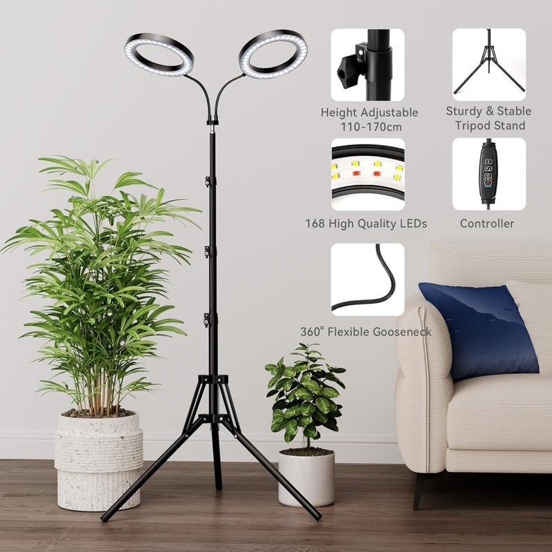 Grow Lights For Indoor Plants 144 LED Full Spectrum Dual-Head Plant Light With Tripod Base 3/9/12H Timer 3 Color Modes 10 Dimmable Levels Height Adjustable 118-198cm Floor Standing Grow Light - Image 5