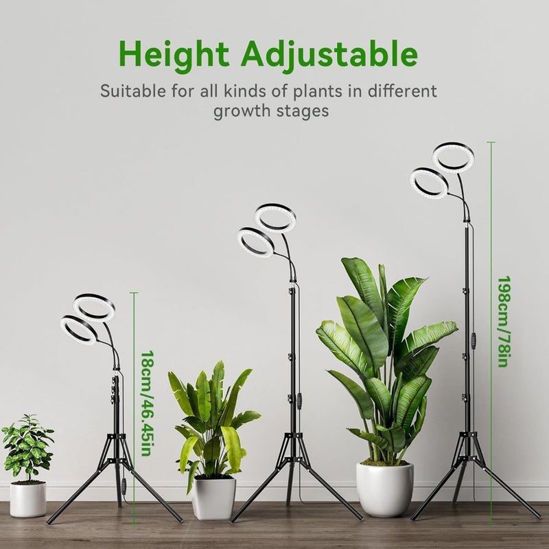 Grow Lights For Indoor Plants 144 LED Full Spectrum Dual-Head Plant Light With Tripod Base 3/9/12H Timer 3 Color Modes 10 Dimmable Levels Height Adjustable 118-198cm Floor Standing Grow Light - Image 2
