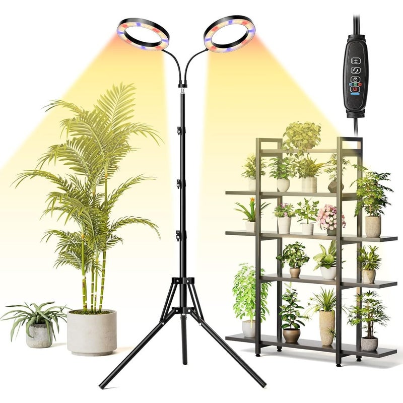 Grow Lights For Indoor Plants 144 LED Full Spectrum Dual-Head Plant Light With Tripod Base 3/9/12H Timer 3 Color Modes 10 Dimmable Levels Height Adjustable 118-198cm Floor Standing Grow Light - Image 1