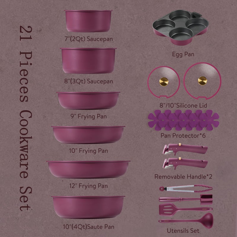 CAROTE 21pcs Pots and Pans Set, Nonstick Cookware Set Detachable Handle, Induction Kitchen Cookware Sets Non Stick with Removable Handle, RV Cookware Set, Gold and Purple - Image 2