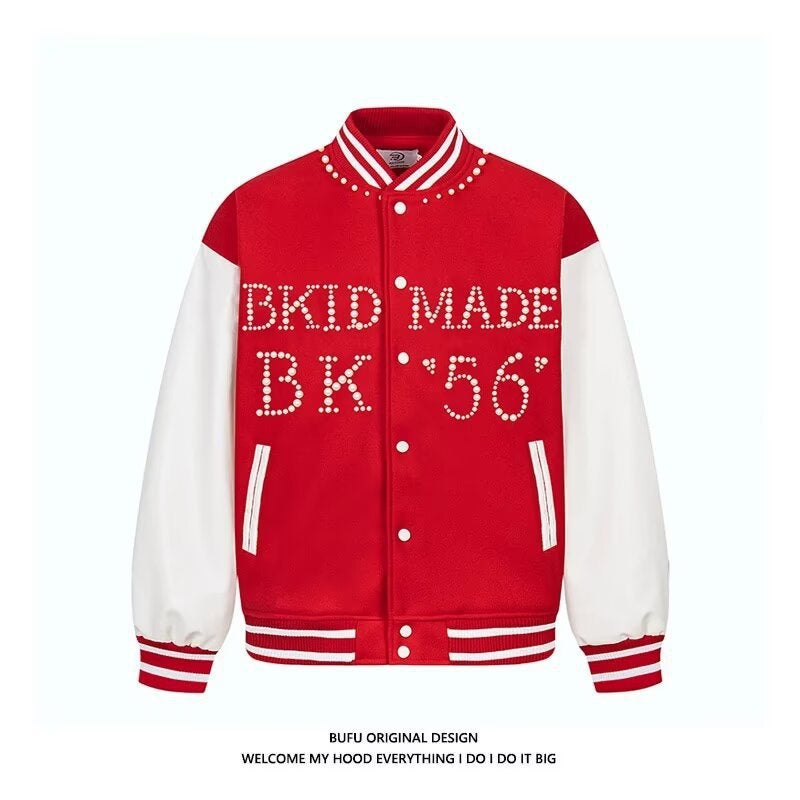 Trendy Brand Ac Milan Heavy Craft Embroidery Patchwork Leather Sleeve Off Versatile Baseball Jacket Coat - Image 1