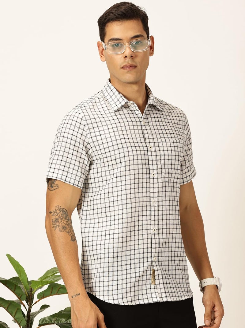 Thomas Scott Mens Cotton Linen Half Sleeves Checkered Casual Shirt (TS1376_Black, 2XL) - Image 3