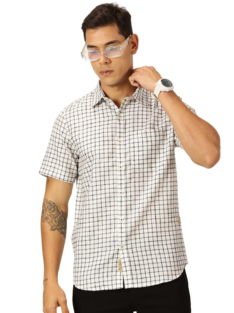 Thomas Scott Mens Cotton Linen Half Sleeves Checkered Casual Shirt (TS1376_Black, 2XL) - Image 1