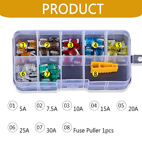 DWARFOO 70 Pcs Standard Fuse Assortment Kit 5A 7.5A 10A 15A 20A 25A 30A Mini Colorful Insert Fuses for Car Boat Truck SUV Automotive - Image 2