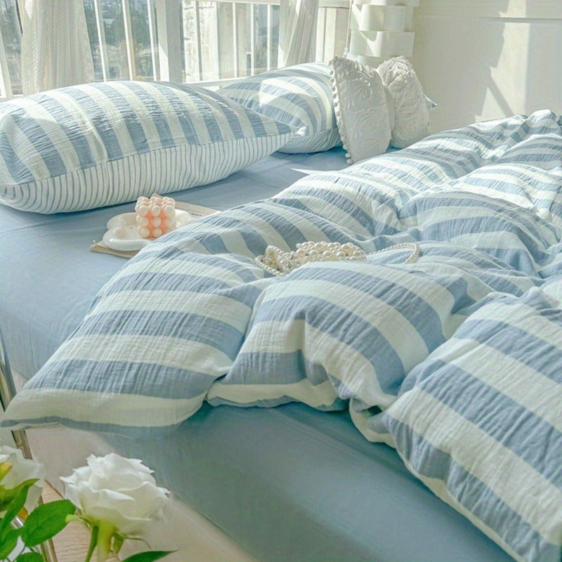 3pcs Full Size Easy Blue Stripe Washed Process Soft Skin-Friendly Duvet Cover Set (1 Duvet Cover + 2 Pillowcases) Modern Stripe Breathable Chemical Fiber Soft Machine Washable All Seasons Available Does Not Include Duvet Insert And Pillow Insert - Image 3