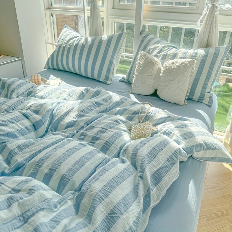 3pcs Full Size Easy Blue Stripe Washed Process Soft Skin-Friendly Duvet Cover Set (1 Duvet Cover + 2 Pillowcases) Modern Stripe Breathable Chemical Fiber Soft Machine Washable All Seasons Available Does Not Include Duvet Insert And Pillow Insert - Image 2
