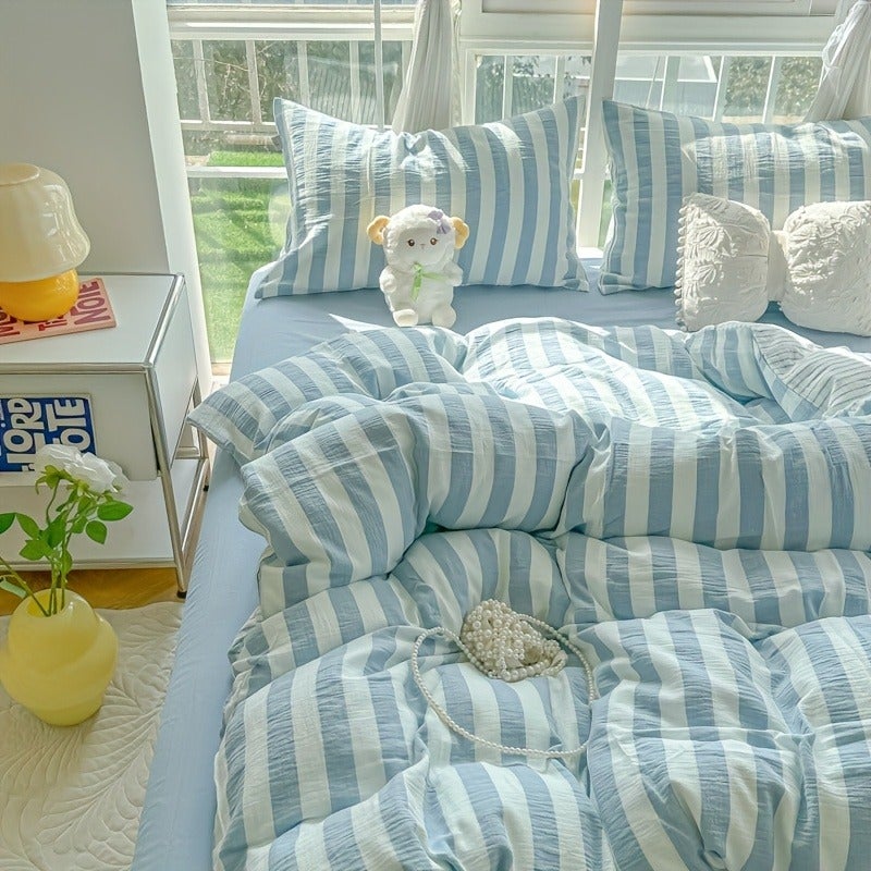 3pcs Full Size Easy Blue Stripe Washed Process Soft Skin-Friendly Duvet Cover Set (1 Duvet Cover + 2 Pillowcases) Modern Stripe Breathable Chemical Fiber Soft Machine Washable All Seasons Available Does Not Include Duvet Insert And Pillow Insert - Image 4
