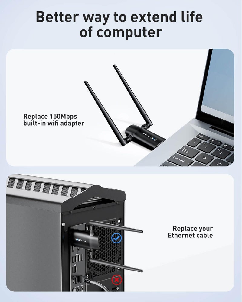 Nineplus Wireless USB WiFi Adapter for PC - 1300Mbps Dual 5Dbi Antennas 5G/2.4G WiFi Adapter for Desktop PC Laptop Windows11/10/8/7/Vista/XP, Wireless Adapter for Desktop Computer Network Adapters - Image 4