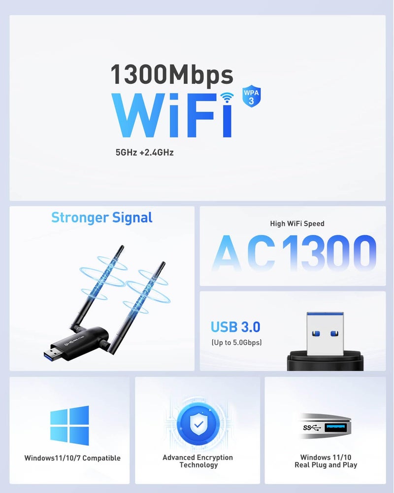 Nineplus Wireless USB WiFi Adapter for PC - 1300Mbps Dual 5Dbi Antennas 5G/2.4G WiFi Adapter for Desktop PC Laptop Windows11/10/8/7/Vista/XP, Wireless Adapter for Desktop Computer Network Adapters - Image 3
