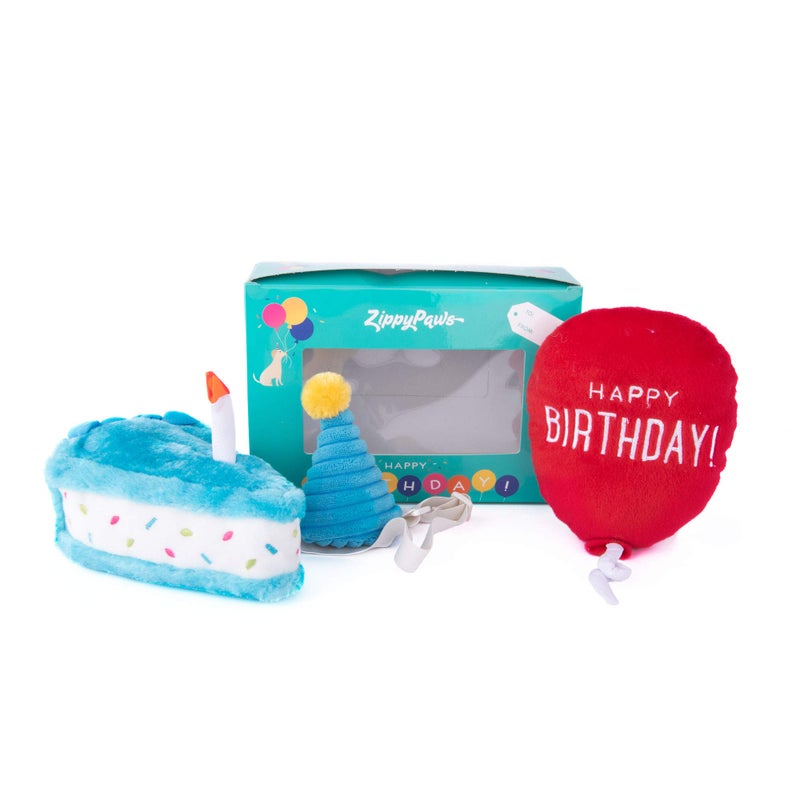 ZippyPaws Birthday Box - Birthday Gift for Dogs, Squeaky Toy Set, Colorful Squeaky Dog and Puppy Toys, and Precious Doggy Plushies - 3 Toys - Image 1