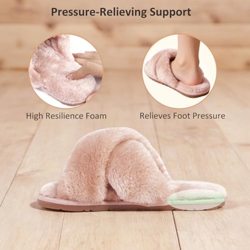 Crazy Lady Women's Fuzzy Fluffy House Slippers Cute Plush Memory Foam Shoes Cross Band Indoor Outdoor Open Toe Sandals - Image 4