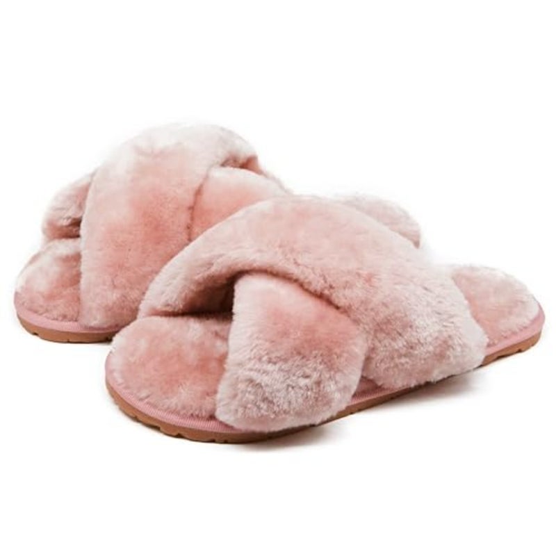 Crazy Lady Women's Fuzzy Fluffy House Slippers Cute Plush Memory Foam Shoes Cross Band Indoor Outdoor Open Toe Sandals - Image 1