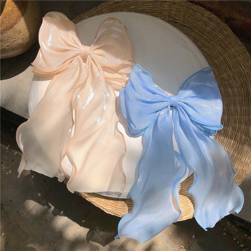 Generic Mermaid Ji blue + apricot hairpin ~ bling Thin shiny big bow top clip back head temperament hair accessories female fashion Champagne