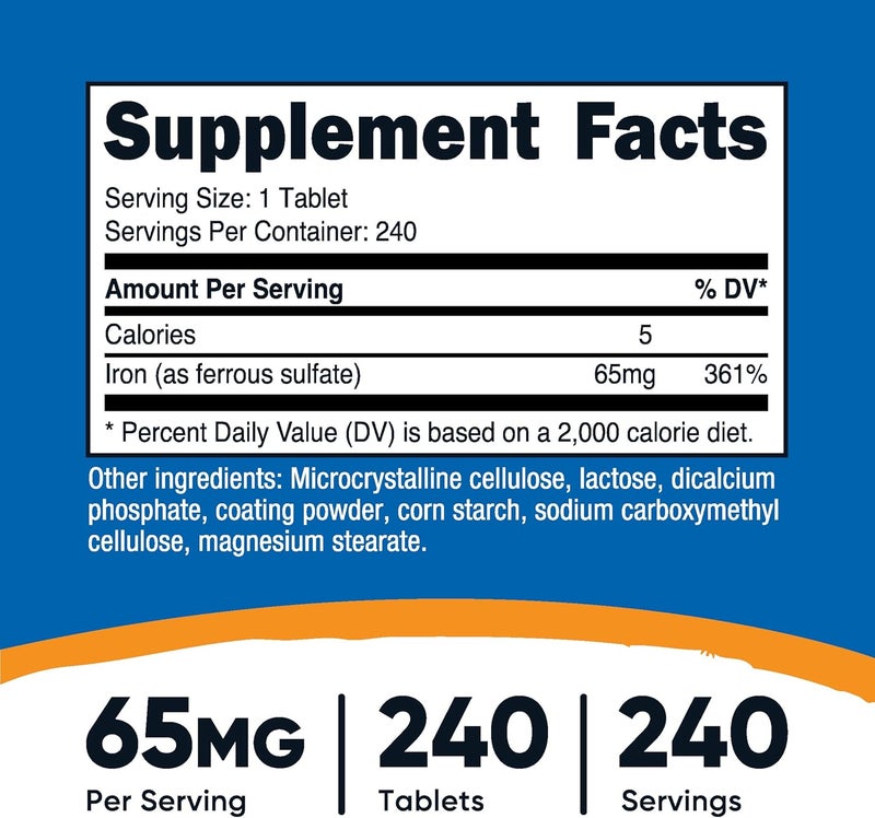 Nutricost Iron As Ferrous Sulfate 65mg 240 Tablets  NonGMO Gluten Free - Image 2