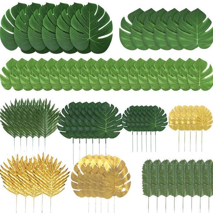 72 PIECES 10 KINDS ARTIFICIAL PALM LEAVES GOLDEN TROPICAL LEAVES WITH STEMS JUNGLE LEAVES DECORATIONS FOR HAWAIIAN LUAU PARTY BEACH BABY SHOWER WEDDING BIRTHDAY