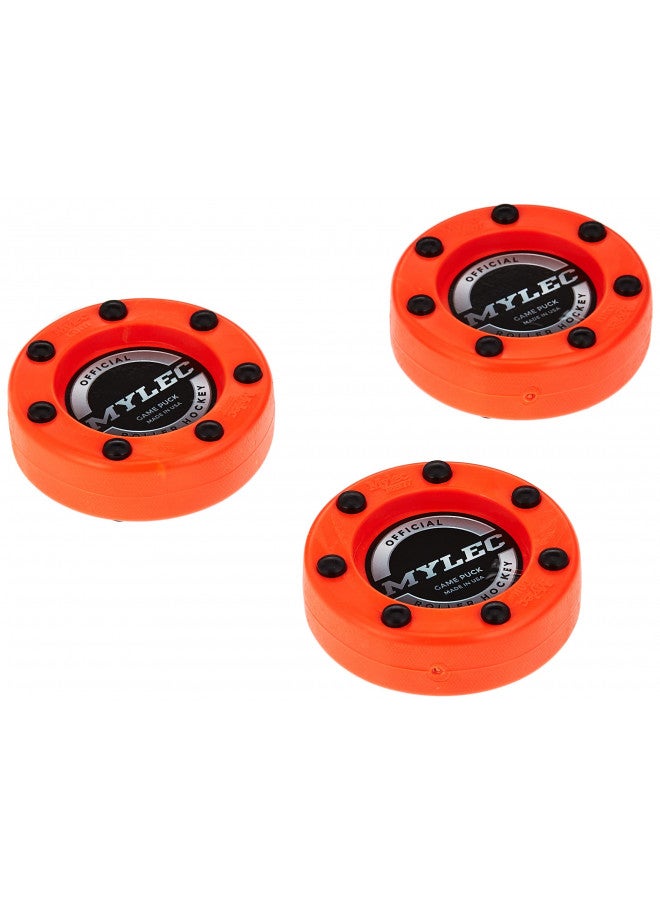 Mylec MyLec Hockey Pucks for Outdoor Hockey, Made with PVC, Hockey Stuff with Graphite Reinforced Shaft & Nylon Glides, Training Pucks for Street Hockey (Orange, 110gm, Pack of 3)  - Image 1