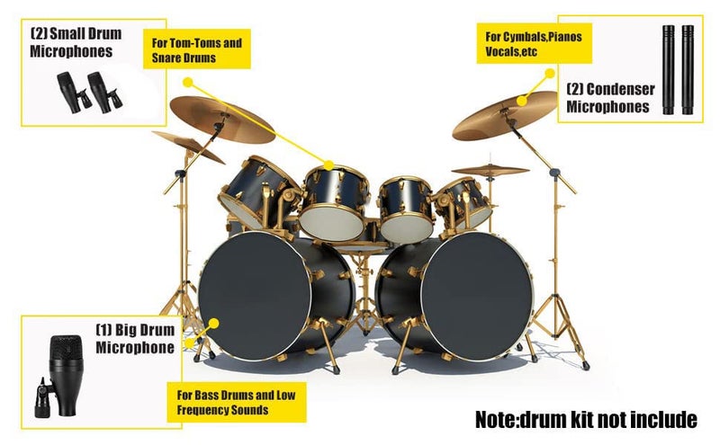 Audio Array AM-K1 Instrument Drum Microphone Kit | Stage Performance & Professional Studio Recording Quality | 1 Kick Drum Mic, 2 Tom Mics, 2 Overhead Condenser Mics with Standard Mounting Accessories - Image 2