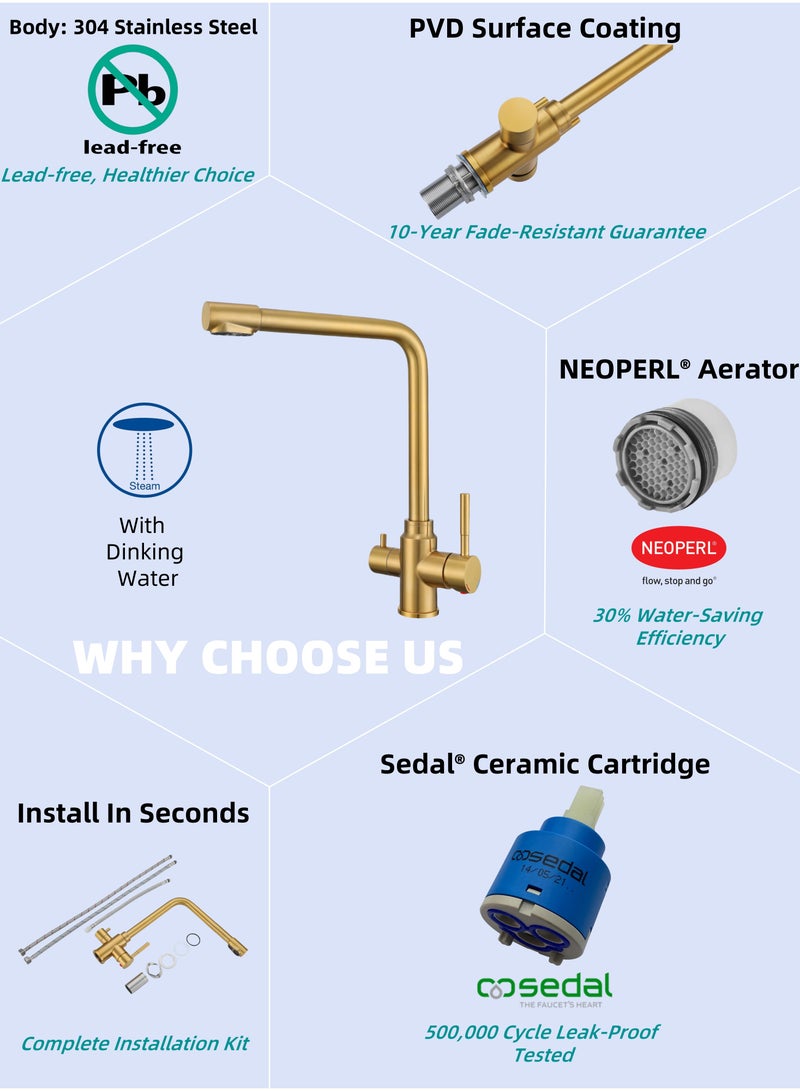 NANAO Kitchen Faucet, 304 Stainless Steel Dinking Water Faucet for Kitchen Sink, PVD Gold - Image 3