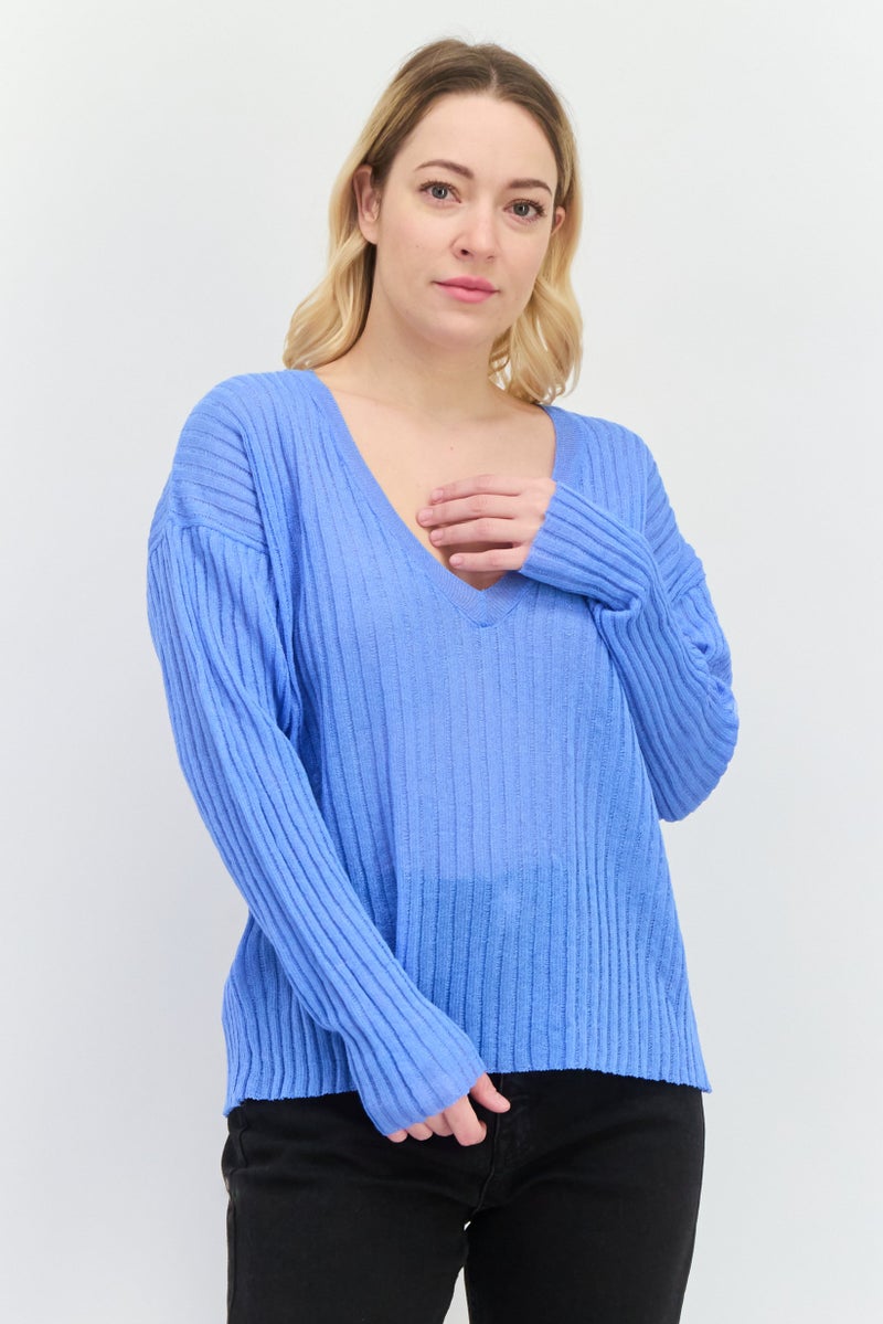 MANGO Women V-Neck Knitted Sweater, Blue - Image 1