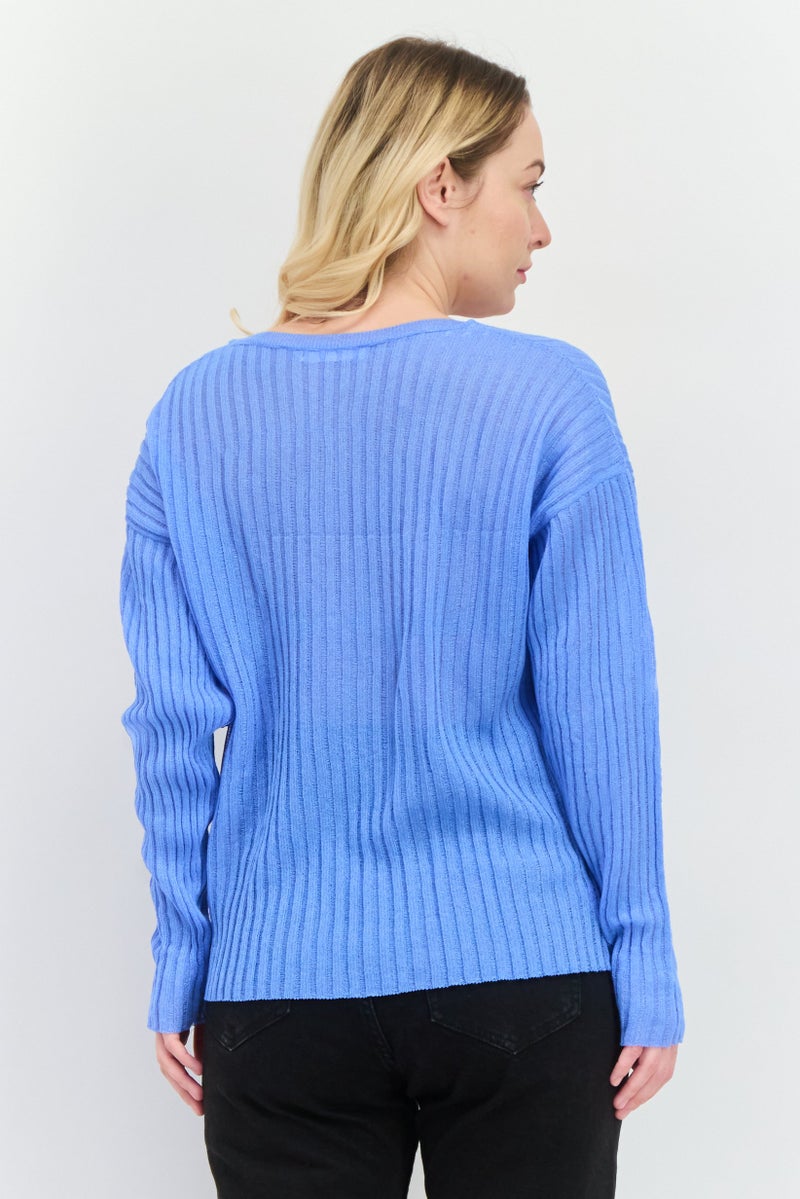 MANGO Women V-Neck Knitted Sweater, Blue - Image 3