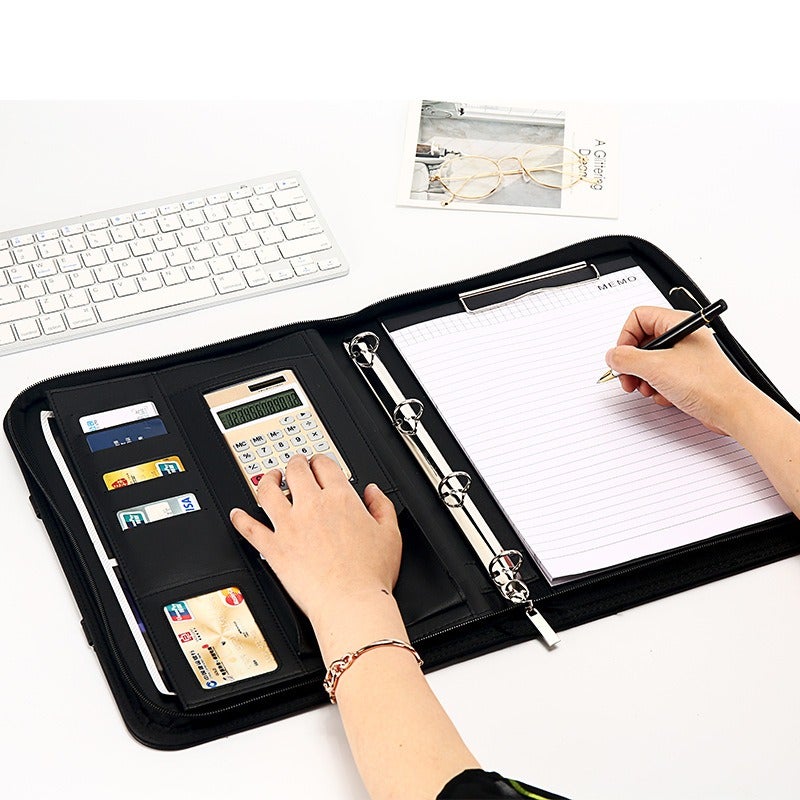 Zhe Ben Hang Multifunctional Leather A4 Zipper File Folder with Handle, Large Capacity Business Meeting Manager Organizer - Image 2