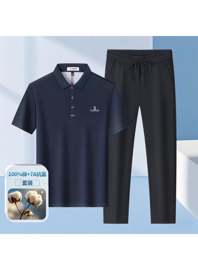 Tucano 100% Cotton Anti-bacterial Short-sleeve Polo Shirt + Ice Silk Casual Pants Men's Father's Day Outfit Set - Image 2