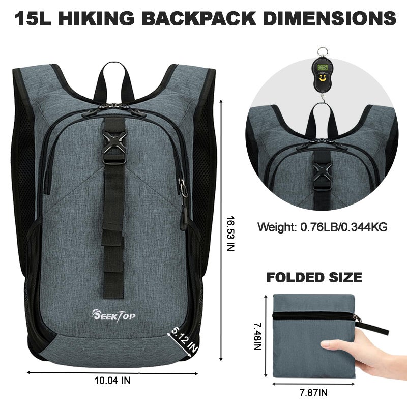 Seektop 15L Small Hiking Backpack for Women Men, Lightweight Hiking Packable Daypack with Phone Pocket for Travel Camping (Grey, 15L) - Image 4