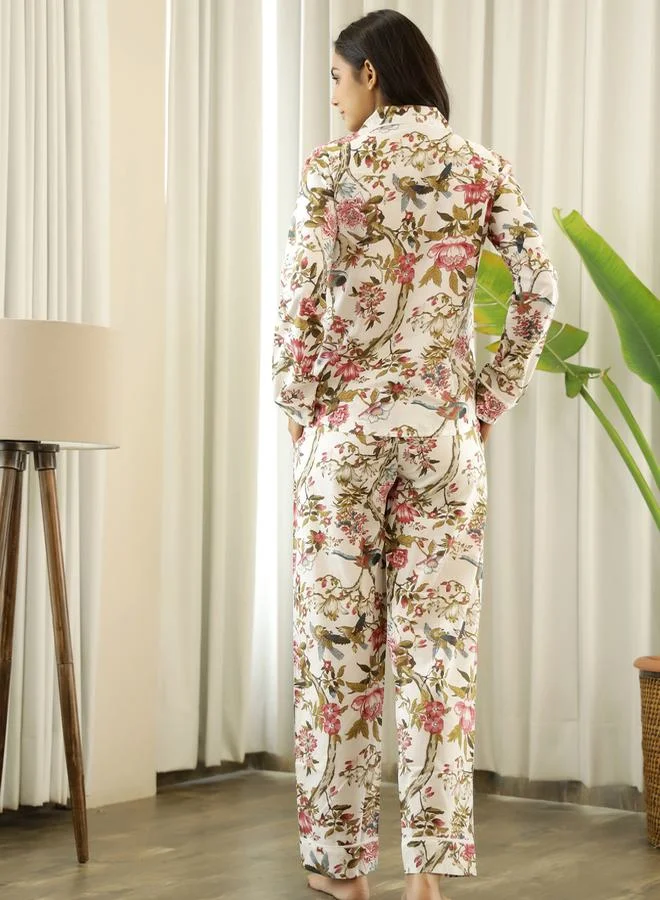sanskrutihomes Floral Print Cotton Shirt & Side Pocket Detail Pyjama Set by Styli