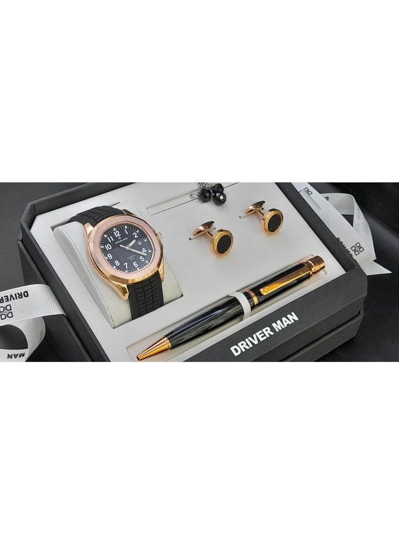 مجموعة هدايا رجالية  تتضمن ساعة يد، وقلمًا، وأزرار أكمام (كبك) مع سبحة  بتصميم متناسق.