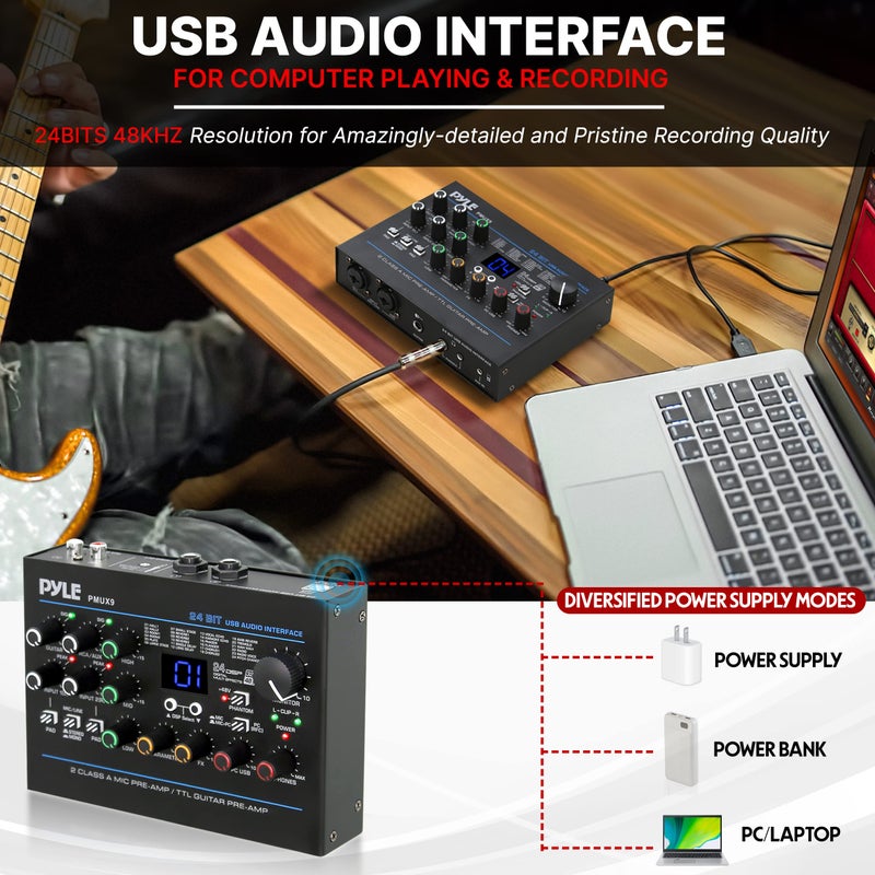 Pyle USB Audio Interface - MIC/LINE - Guitar - AUX Stereo & RCA Inputs - Preset 24 Digital Effects - Phantom Power - Phone/Stereo/Monitor/Headphone Outputs - For Computer Playing & Recording - PMUX9 - Image 3