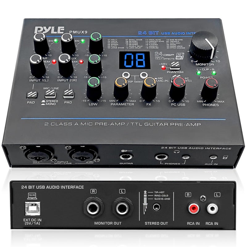 Pyle USB Audio Interface - MIC/LINE - Guitar - AUX Stereo & RCA Inputs - Preset 24 Digital Effects - Phantom Power - Phone/Stereo/Monitor/Headphone Outputs - For Computer Playing & Recording - PMUX9 - Image 1