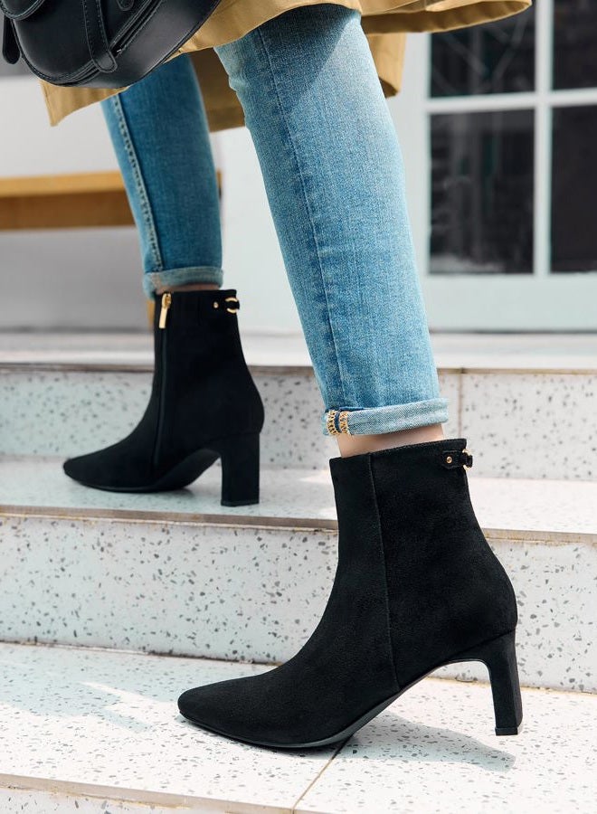 Coutgo Womens Ankle Boots Chunky Heel Closed Square Toe Booties Side Zipper Winter Dress Shoes, Black, 8.5 - Image 3
