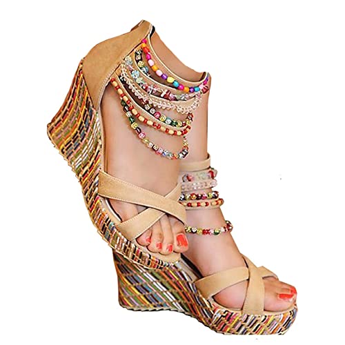 getmorebeauty Women's Wedge Sandals Pearls Across The Top Platform High Heels (7.5 US, Beige) - Image 1