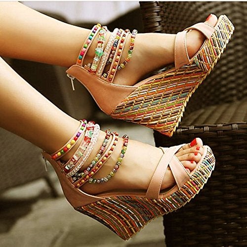 getmorebeauty Women's Wedge Sandals Pearls Across The Top Platform High Heels (7.5 US, Beige) - Image 2